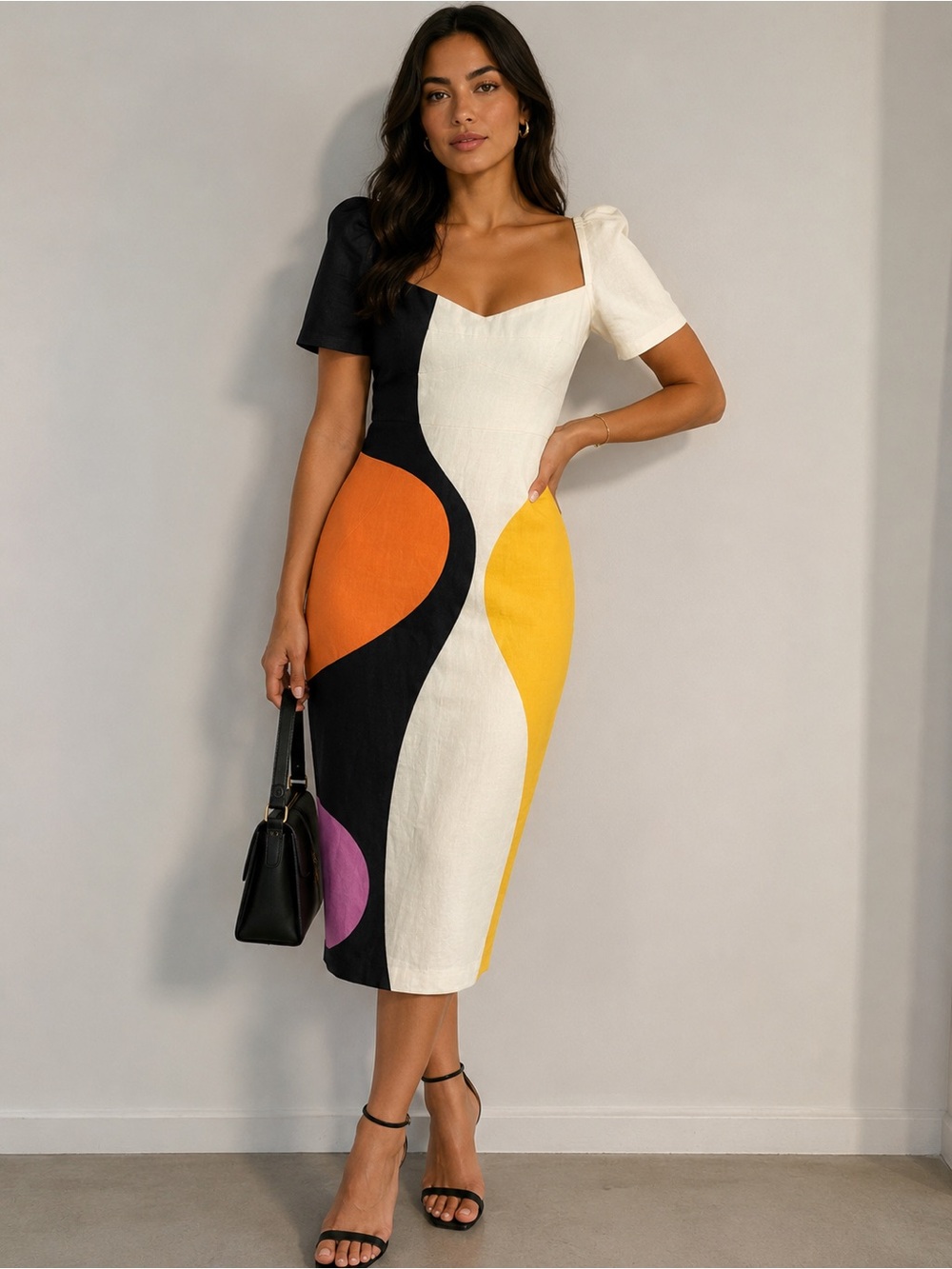 Colorblock Curve Midi Dress - White, Black, Orange & Yellow